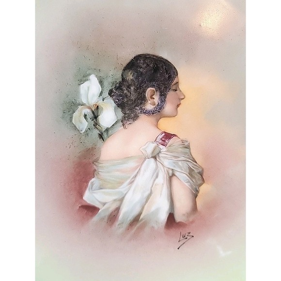 Antique Limoges Portrait Plate Artist Signed LUZ France Green Scalloped Gold - Picture 2 of 6